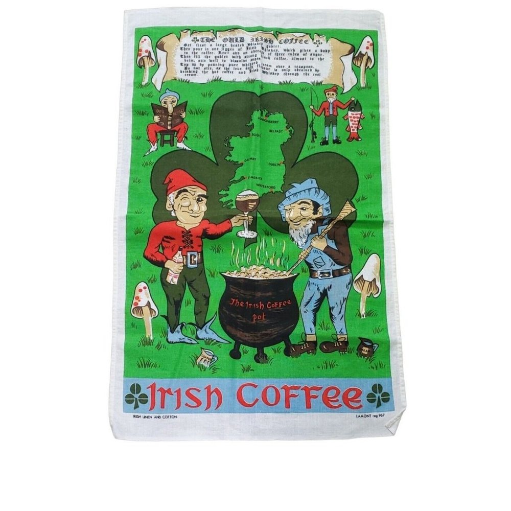 Vintage Linen Irish Coffee Recipe Tea Towel St. Patrick's Day Clover Mushrooms